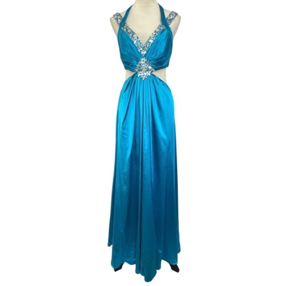 Teal Blue Dress Size 8 Beaded‎ Evening Party Cocktail Prom Bedazzled Rhinestone